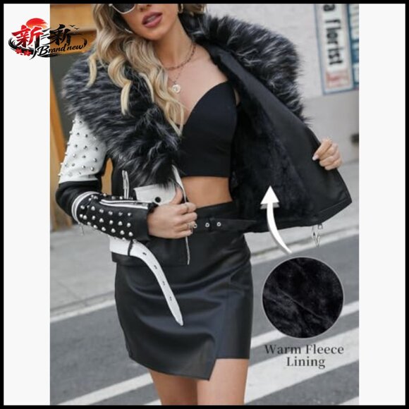 Faux Leather Jacket Studded Rivet Floral Moto Biker Short Lapel Coat - Picture 4 of 7